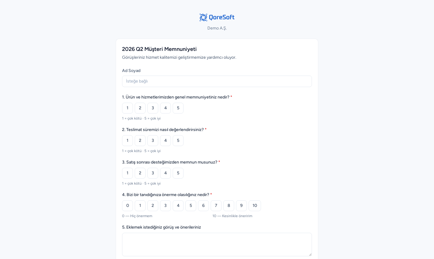 Yanıt sayfası — oturumsuz, markalı anket formu
