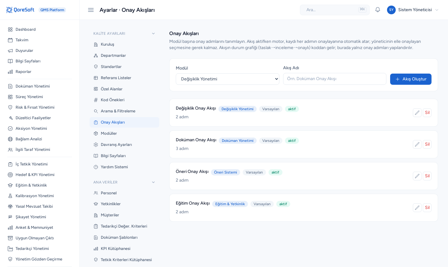 Onay Akışları ayar sayfası: modül başına tanımlı akışlar ve adımları