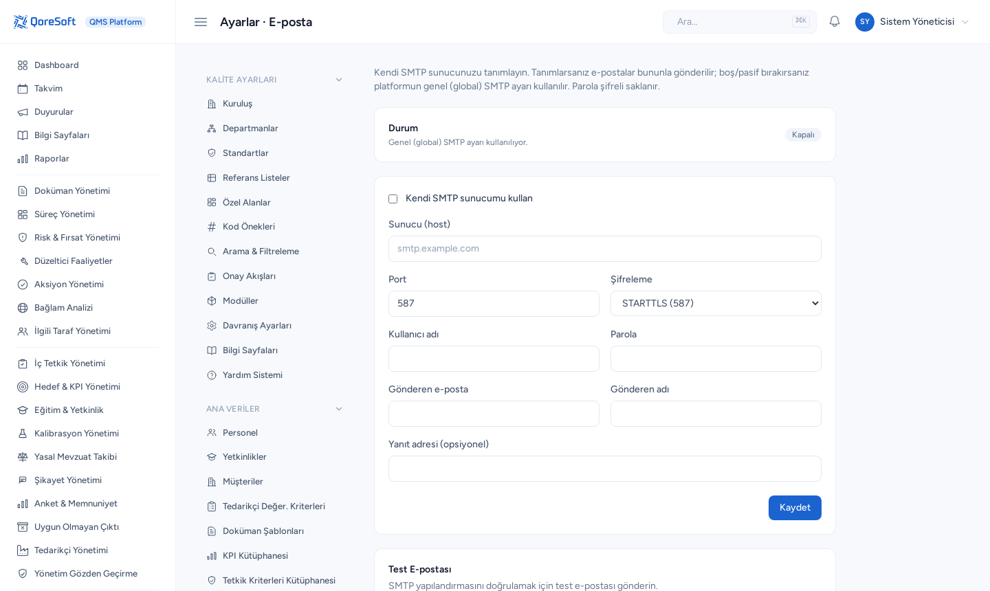 Ayarlar → E-posta: SMTP yapılandırması ve test e-postası bölümü
