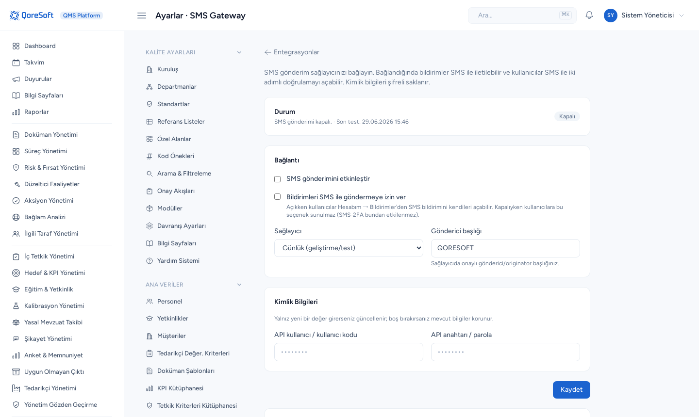 SMS Gateway ayarları — sağlayıcı ve kimlik bilgileri