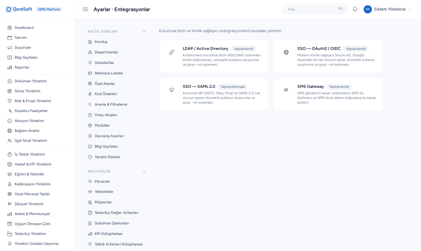 Entegrasyonlar — LDAP/AD, OIDC ve SAML kartları